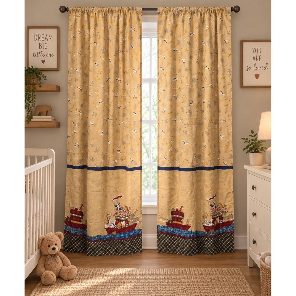 Vintage Noahs Ark Nursery Curtains 2 Panels Baby Bible Room Decor 76x30 Tan